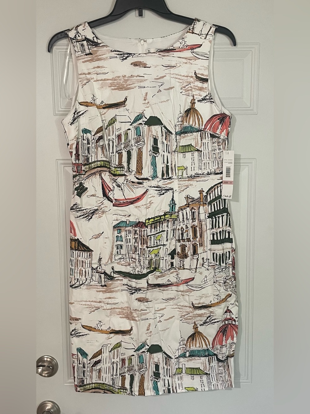 Chetta B Venice Italy Scenic Sketch Print Sleeveless Sheath Cotton Dress Size 12